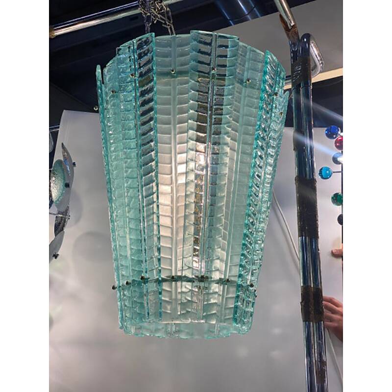 Sputnik Lantern Pendant in Transparent and Sanded Green-Whater Murano Glass