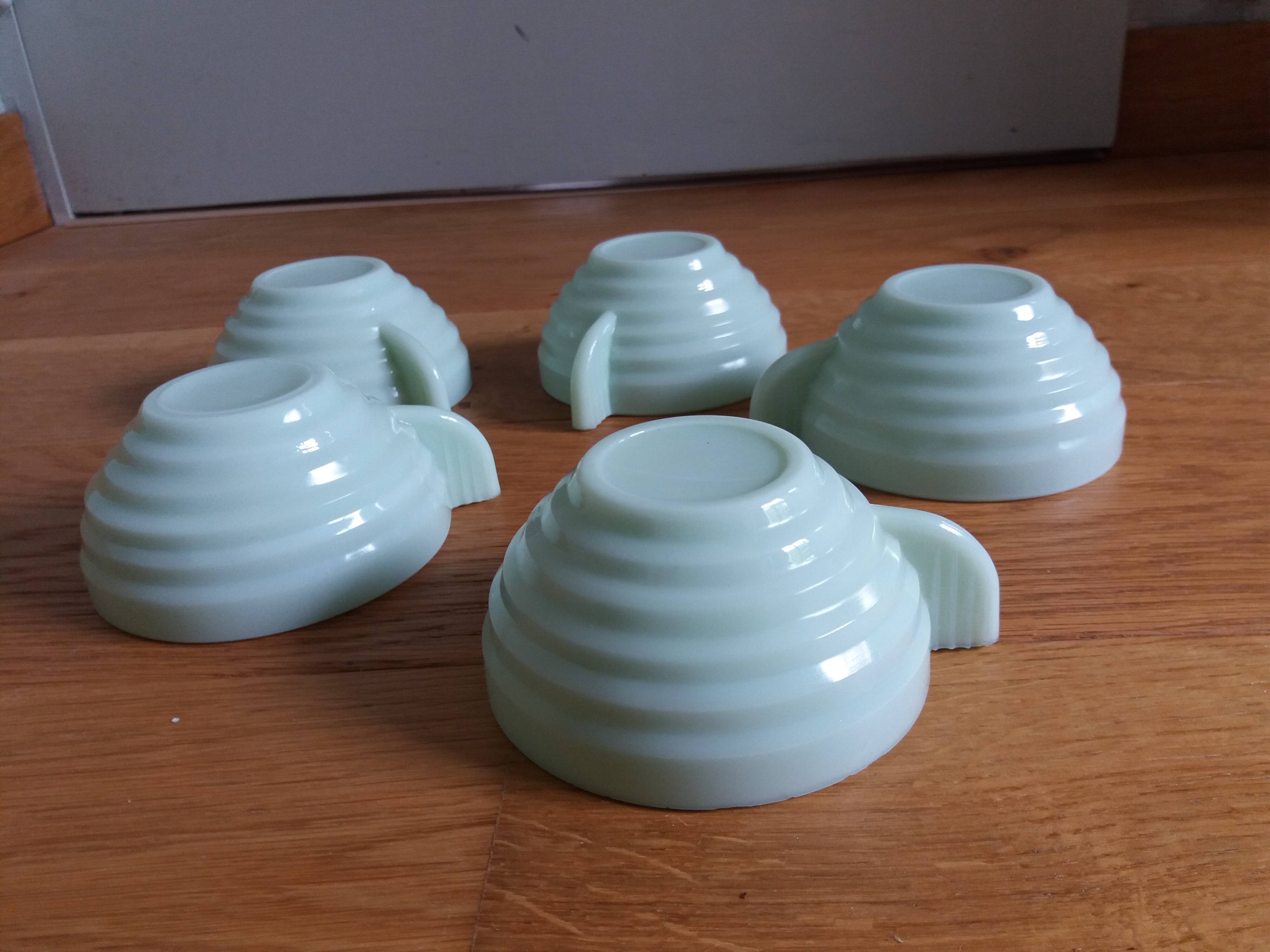 5 pale green Art Deco opaline cups