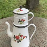 Coffee pot, in enamelled iron with patterns of red roses and white flowers, with filter, old