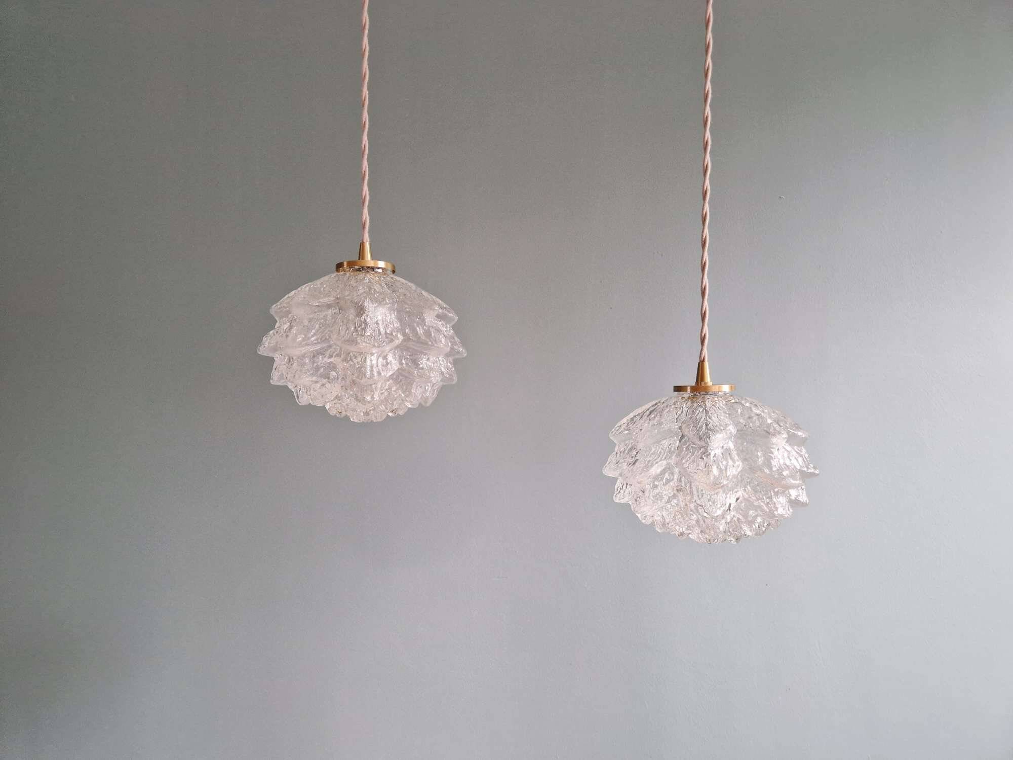 Pair of frosted glass pendant lights, artichoke-shaped, 1960s.