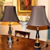 20th Century French Black Enamel Tole and Gilt Bronze Table Lamps with Silk Shade, Set of 2