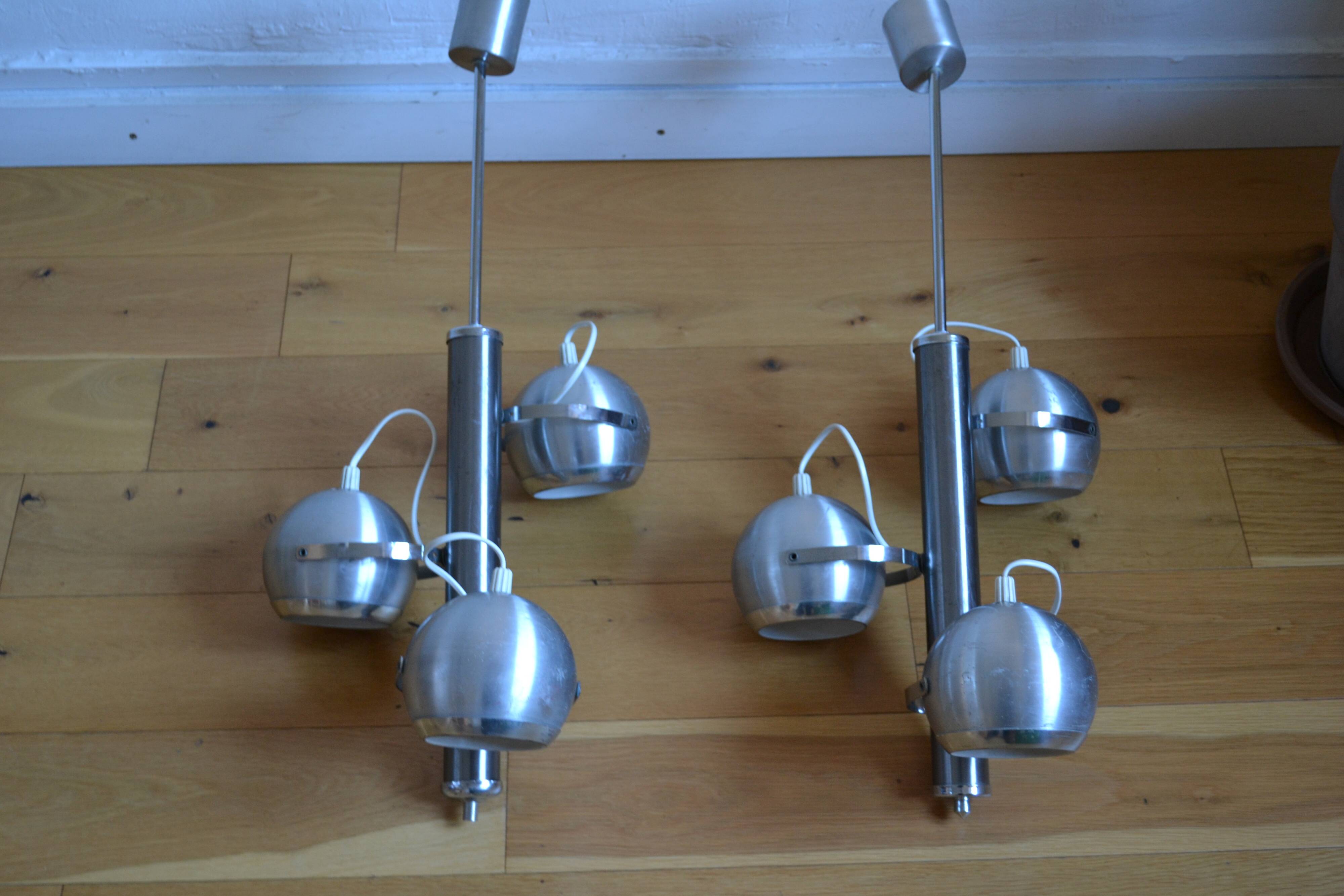 Pair of 70s space age eye ball chandeliers in brushed aluminum