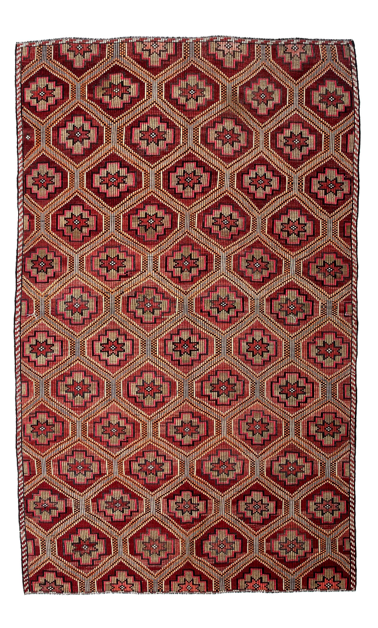 Burgundy & Red Stars Pattern Kilim Rug, 188x309Cm