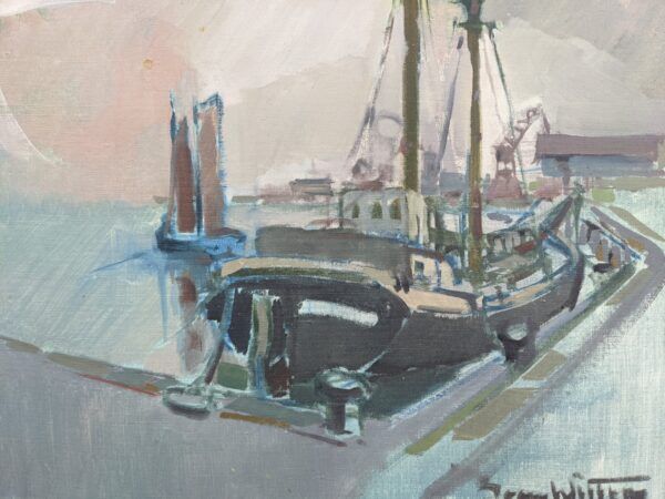 Mid 20th Century "Harbour Sundown" Swedish Modernist Coastal Scape Oil Painting, Framed