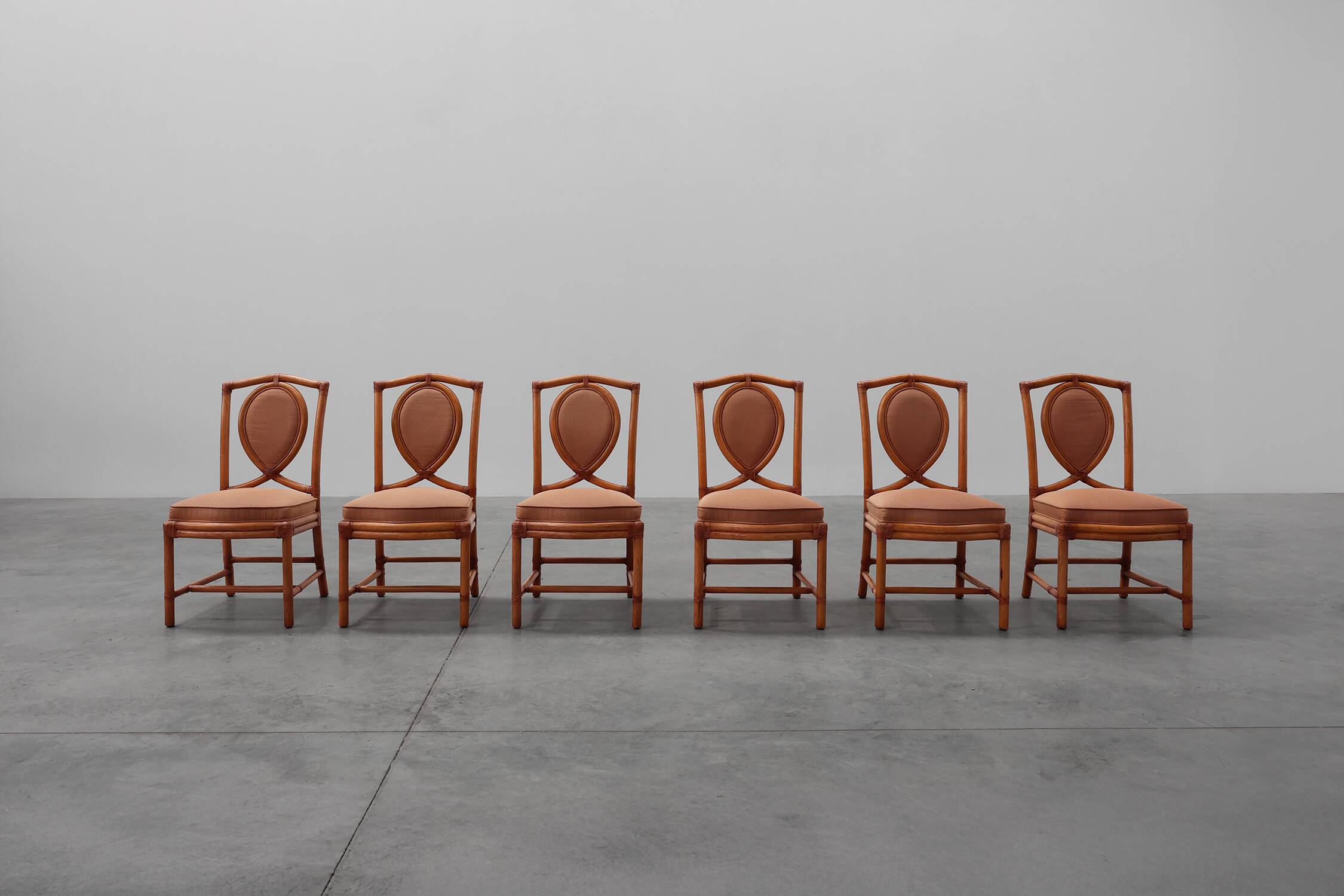 Set of 6 bamboo dining room chairs with geometric upholstery by Gasparucci