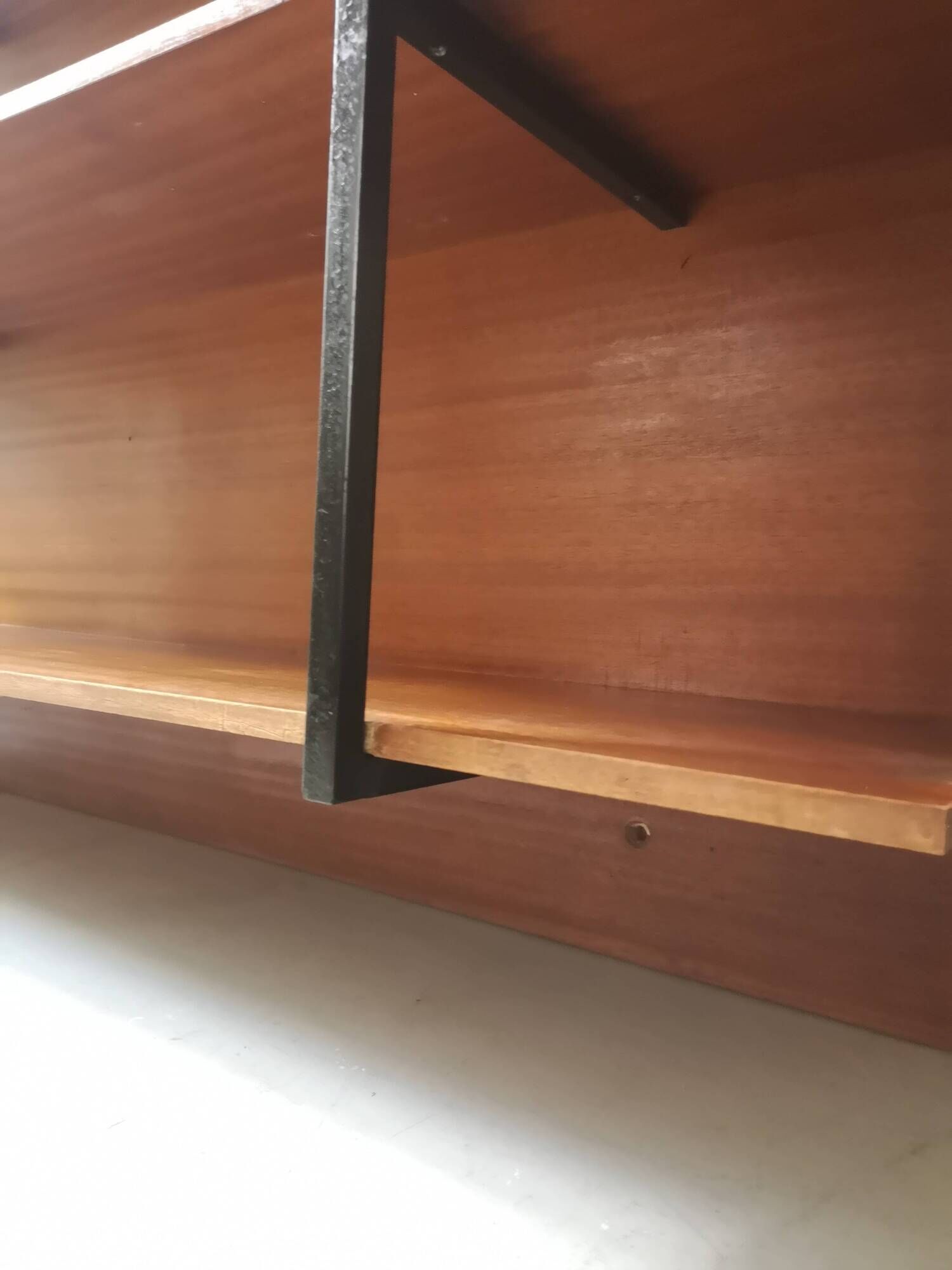 wall-mounted bookcase in wood and black metal, Scandinavian design 1970
