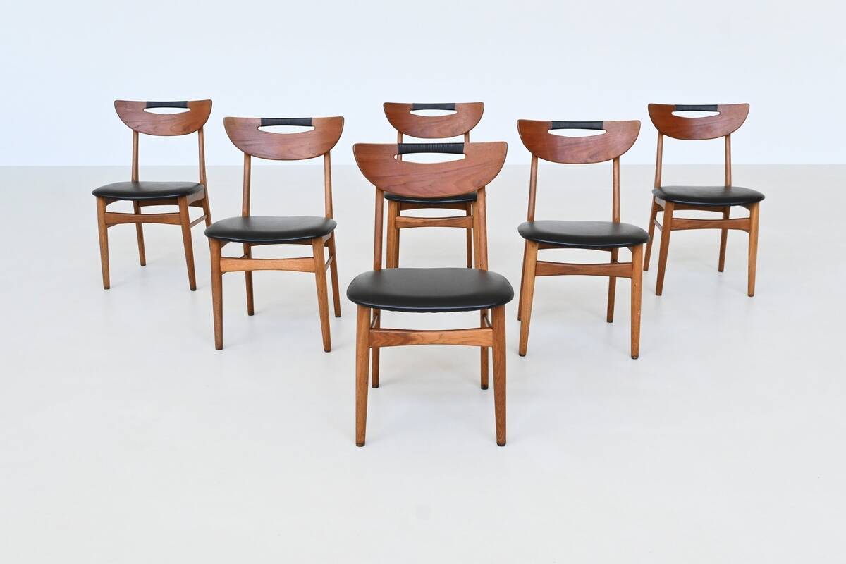 Set of six Danish dining chairs in teak and faux leather Denmark 1960