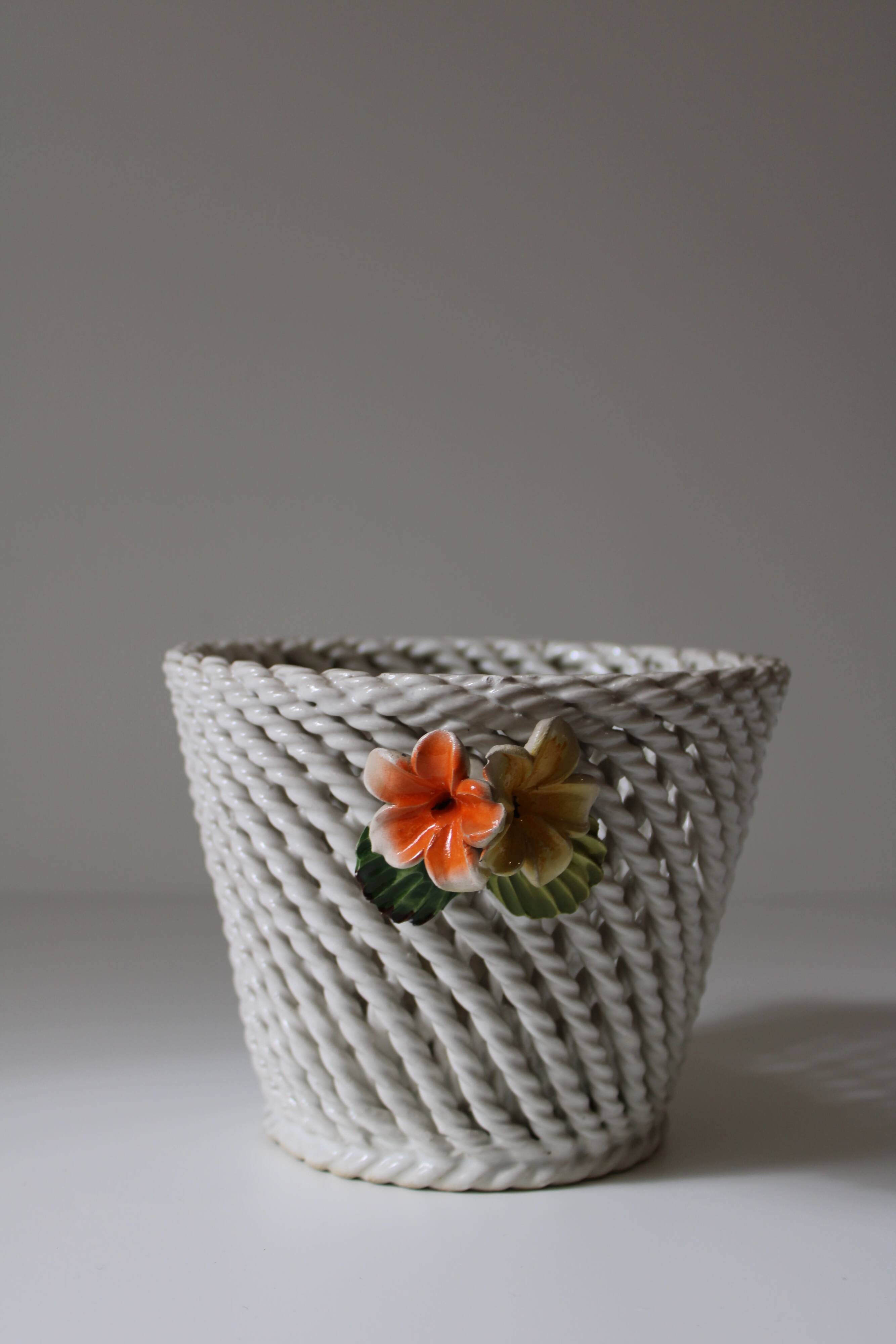Vintage woven barbotine basket planter