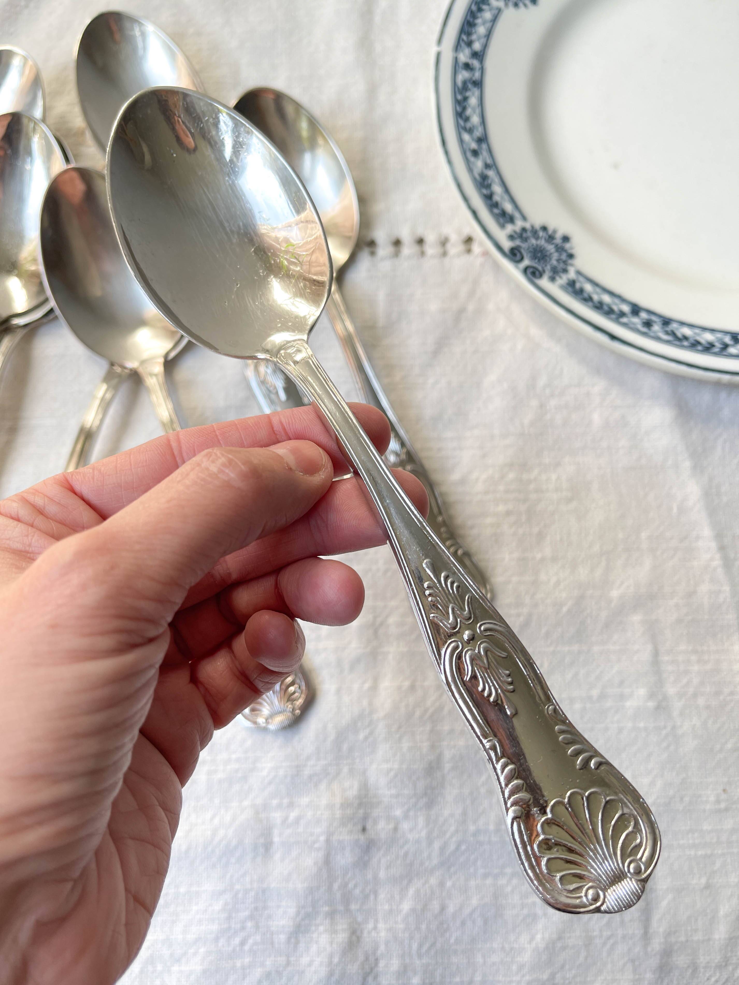 10 Vintage Rocaille Style Metal Soup Spoons