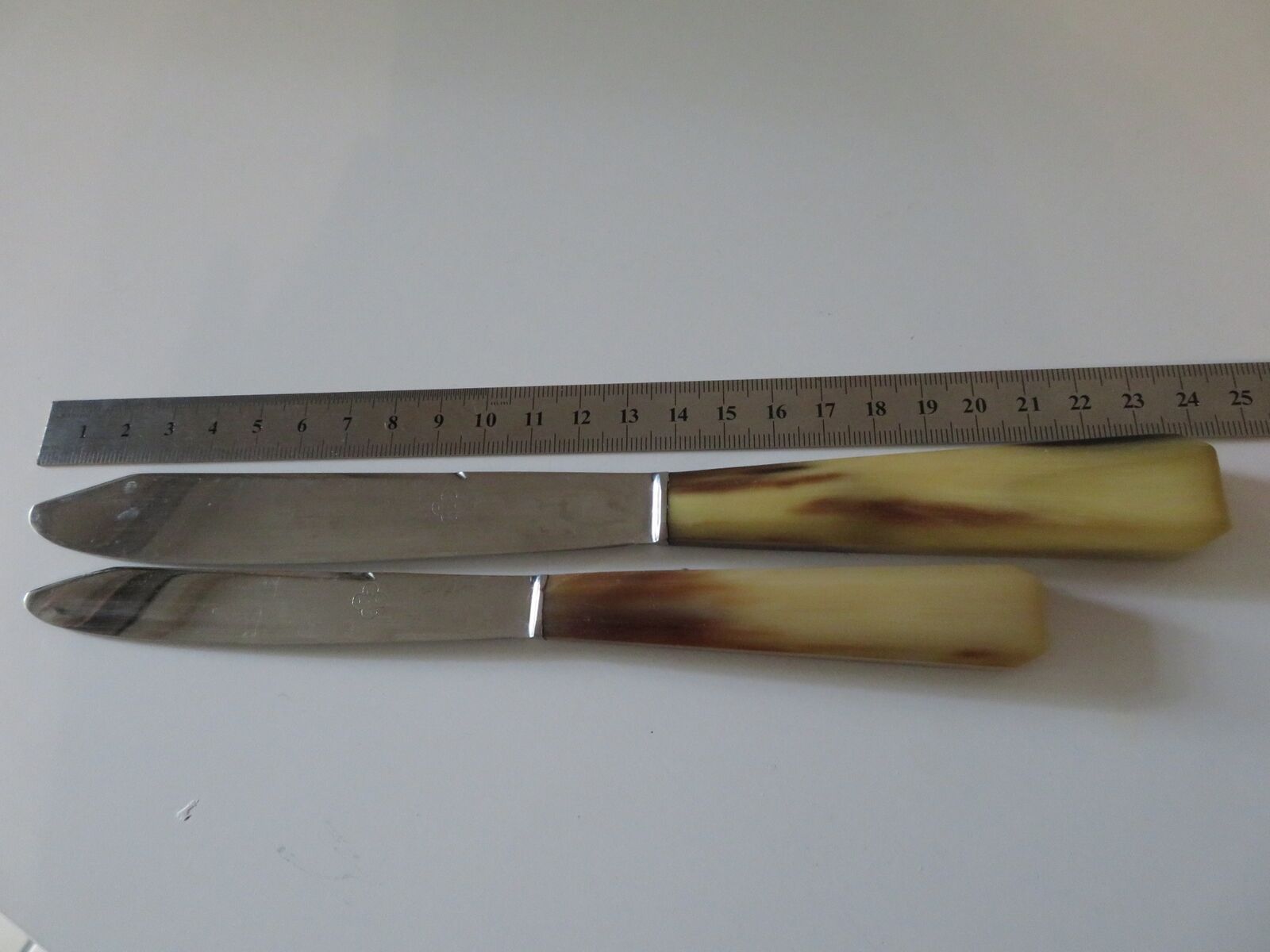 Complete 2-tiered housewife 12 table knives and 12 cheese table knives horn handle