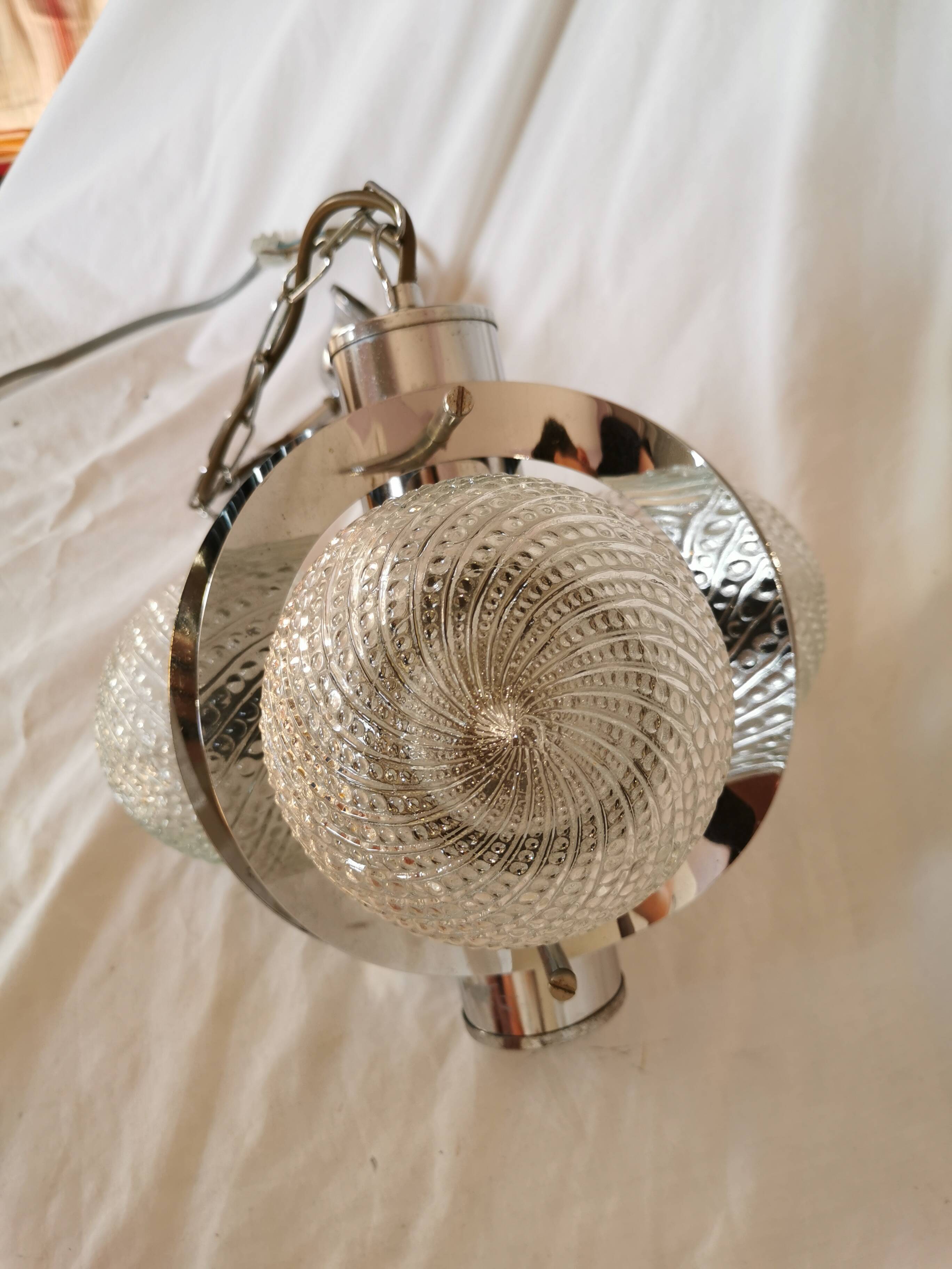 Space age chandelier with 3 lights, stainless steel and cut glass, Mazzega style, 1970