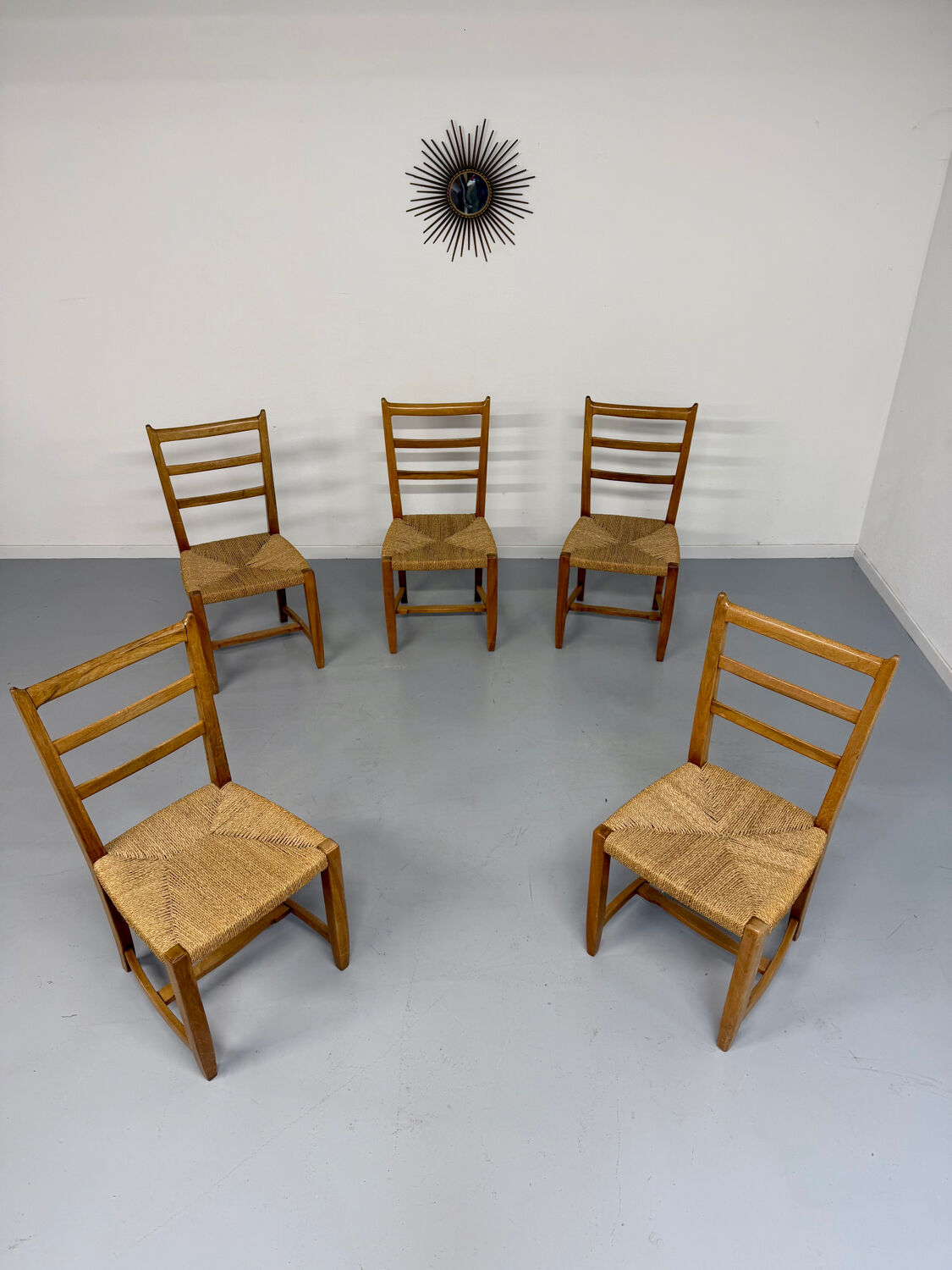 Set of 5 wooden chairs with rope seats, Scandinavian design, 1970s