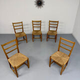 Set of 5 wooden chairs with rope seats, Scandinavian design, 1970s