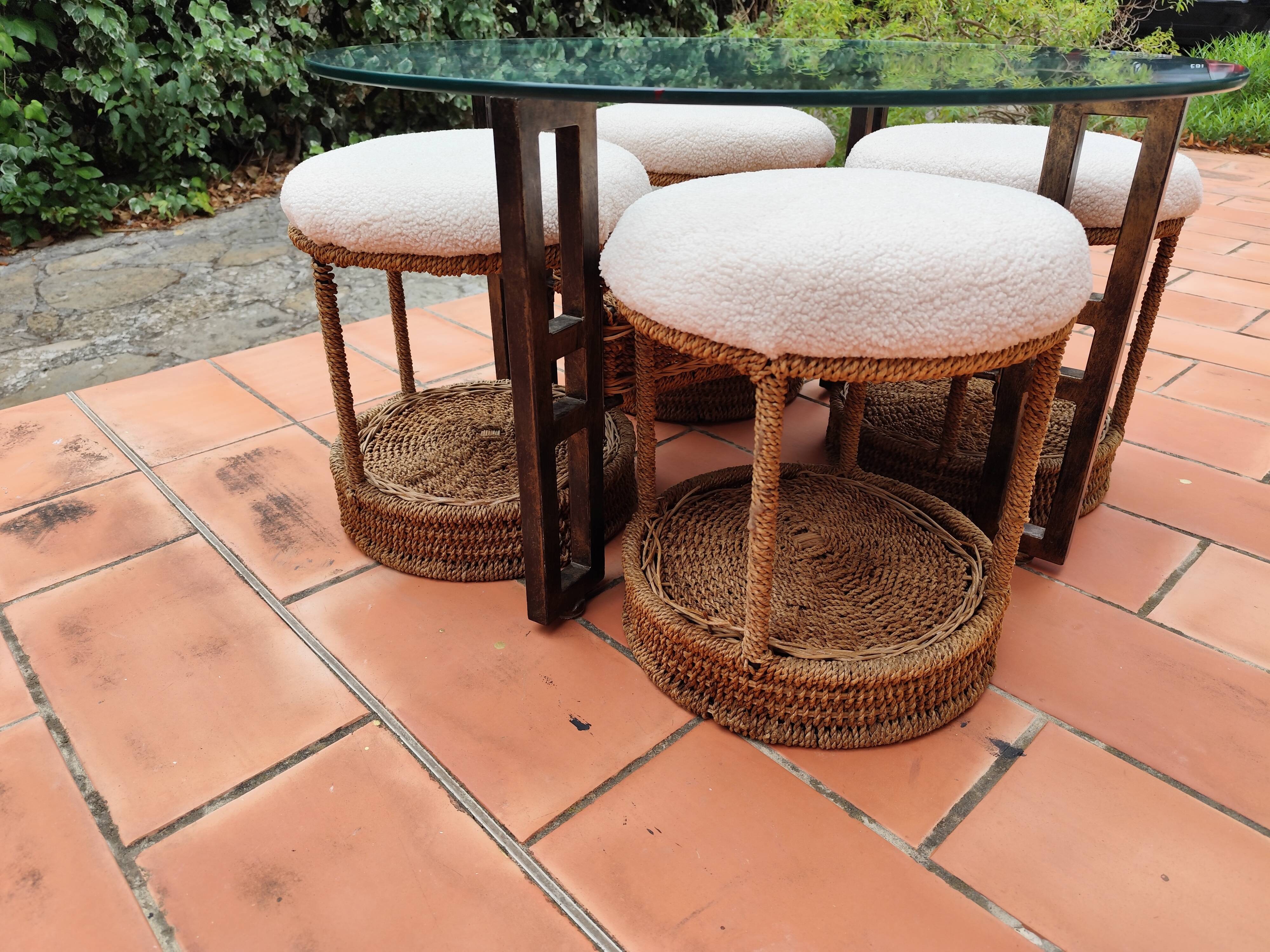 Vintage 1970s rope & rattan coffee table and 4 stools