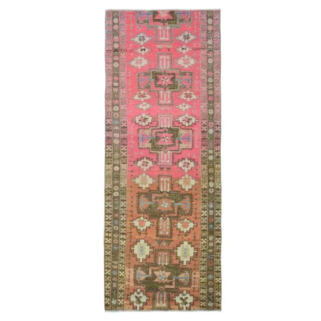 Vintage Turkish Oushak Handmade Wool Cotton Pink Runner Rug 96x242