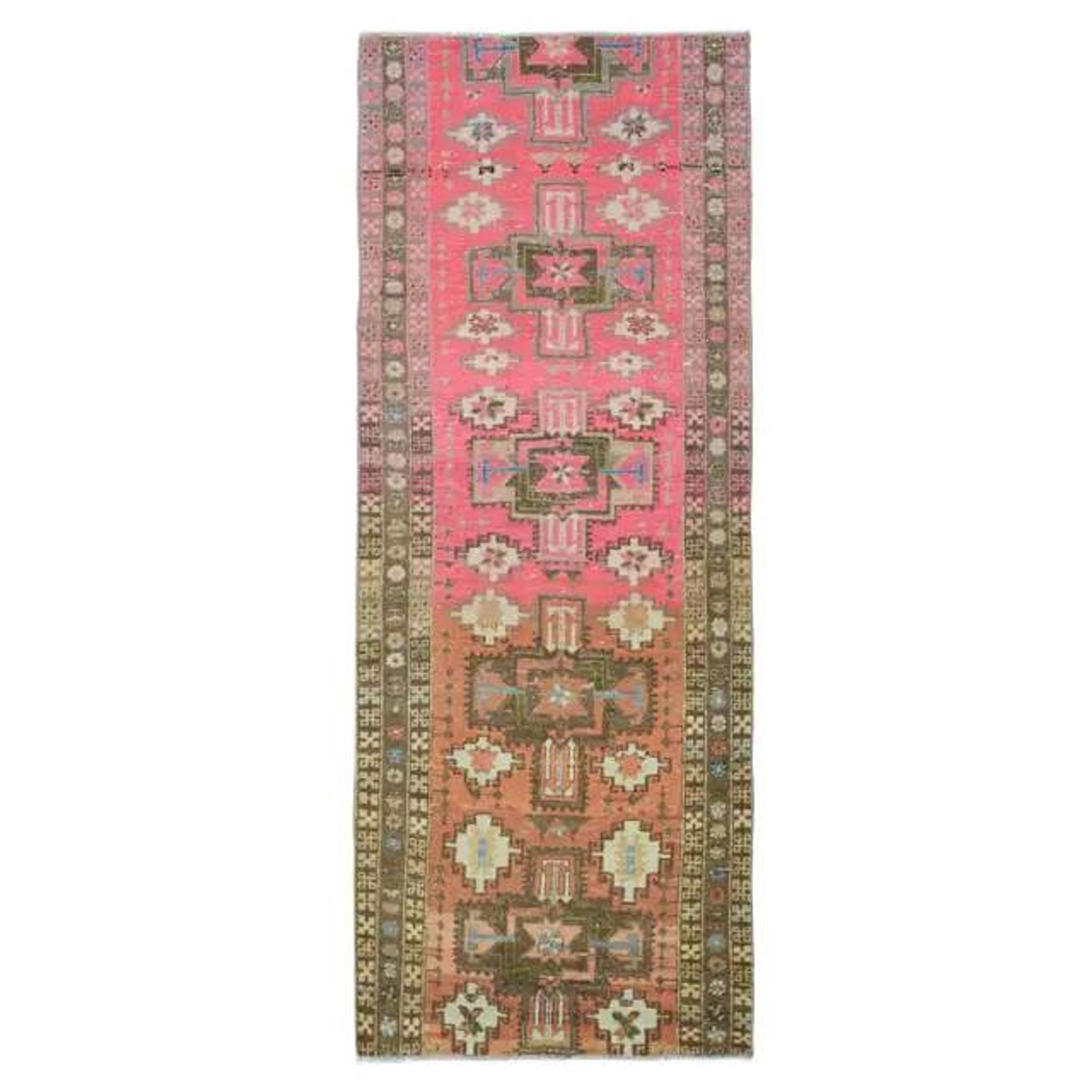 Vintage Turkish Oushak Handmade Wool Cotton Pink Runner Rug 96x242