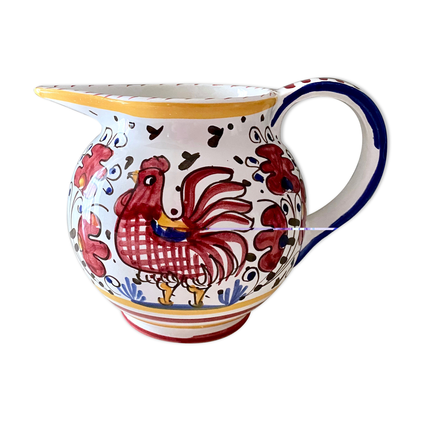 Vintage jug by Deruta Etrusca red rooster, Italy, majolica, ceramic hand painted