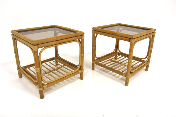 Set de 2 tables de chevet en rotin, Suède, 1970