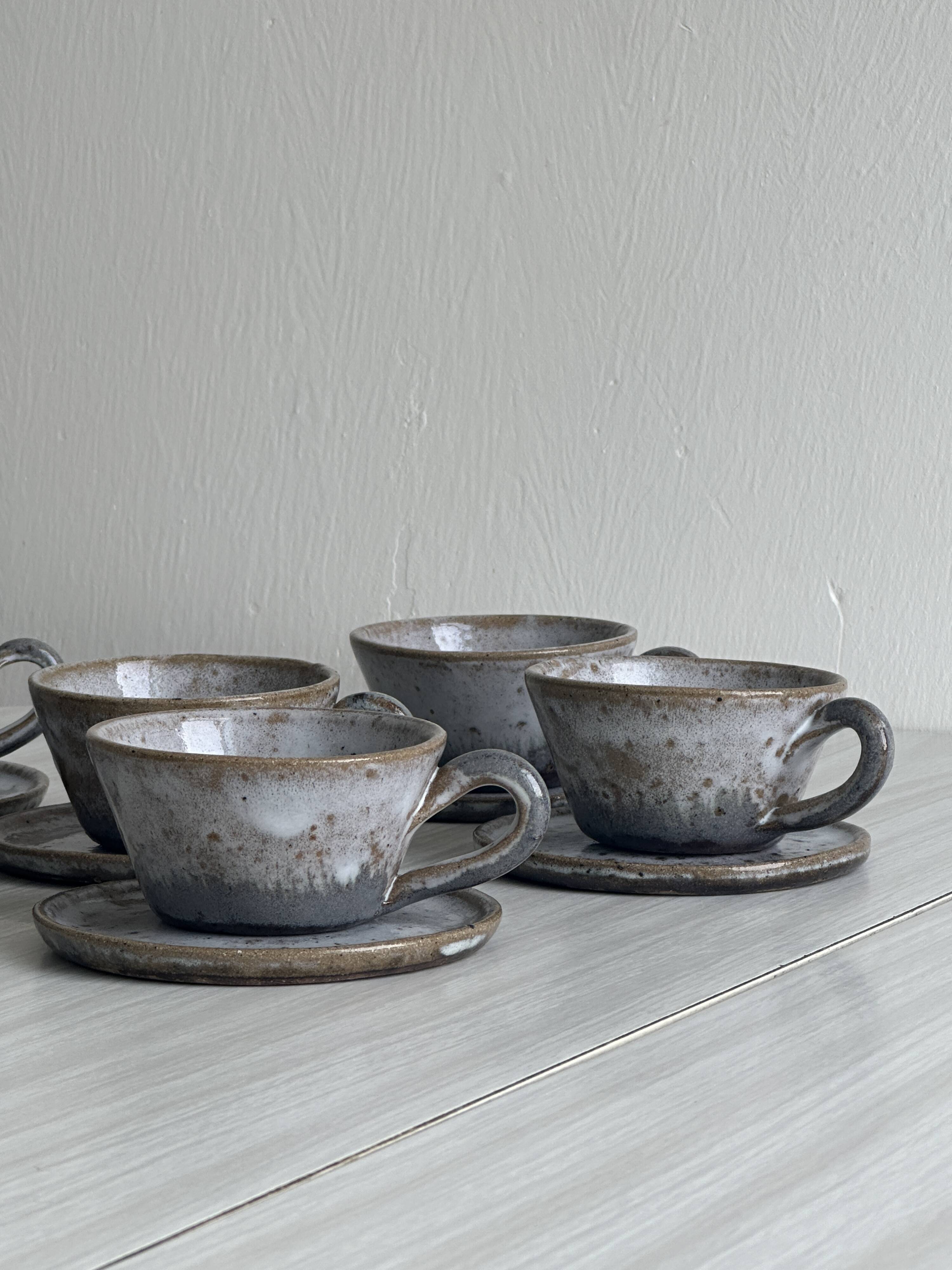 Handmade stoneware coffee set, 6 cups, saucers and sugar bowl, natural tones
