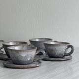 Handmade stoneware coffee set, 6 cups, saucers and sugar bowl, natural tones