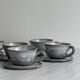 Handmade stoneware coffee set, 6 cups, saucers and sugar bowl, natural tones