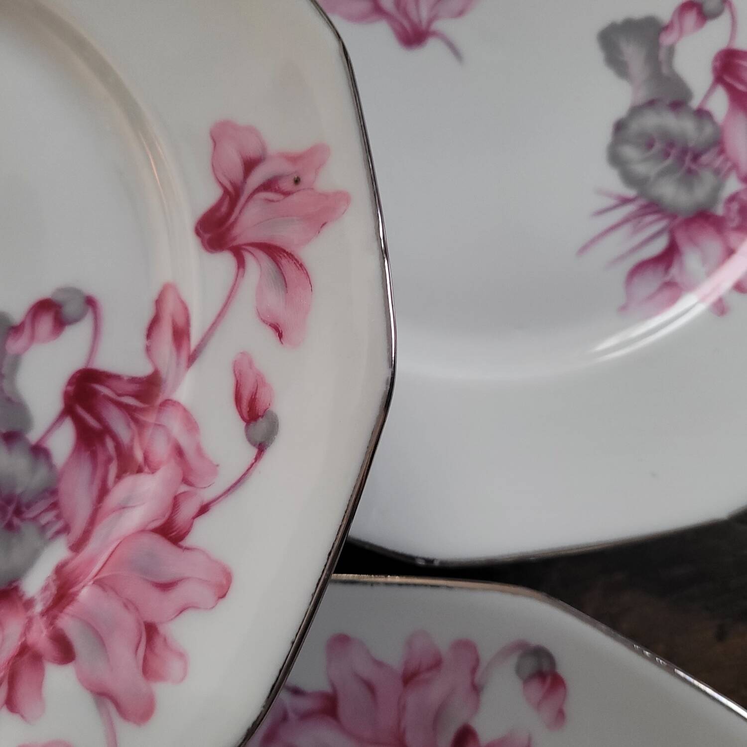 7 assiettes à dessert MBS France – décor de cyclamens roses, liseré ar