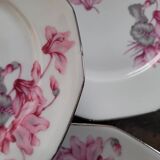 7 assiettes à dessert MBS France – décor de cyclamens roses, liseré ar