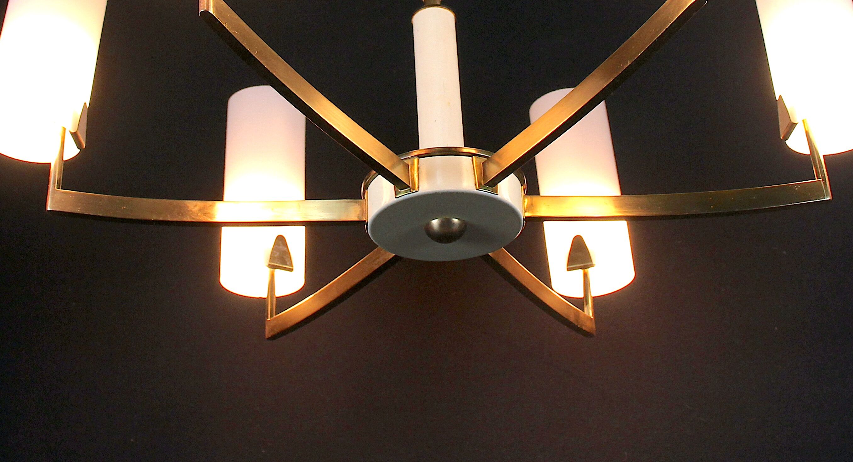 Brass and white chandelier, six opalines, Italy