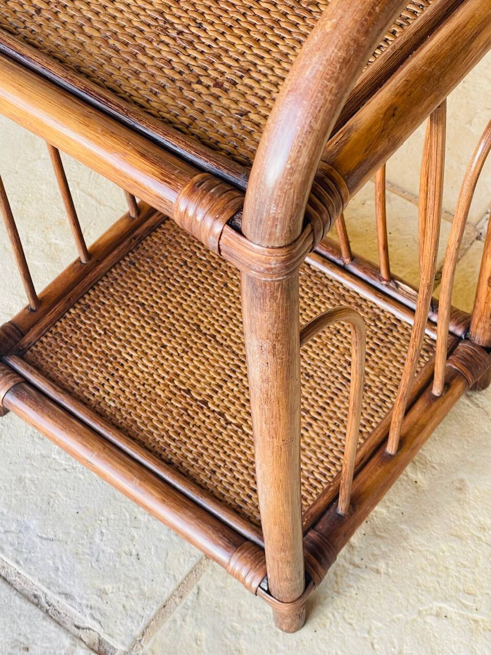 Vintage bamboo and wicker bedside table with 2 shelves, circa 1970
