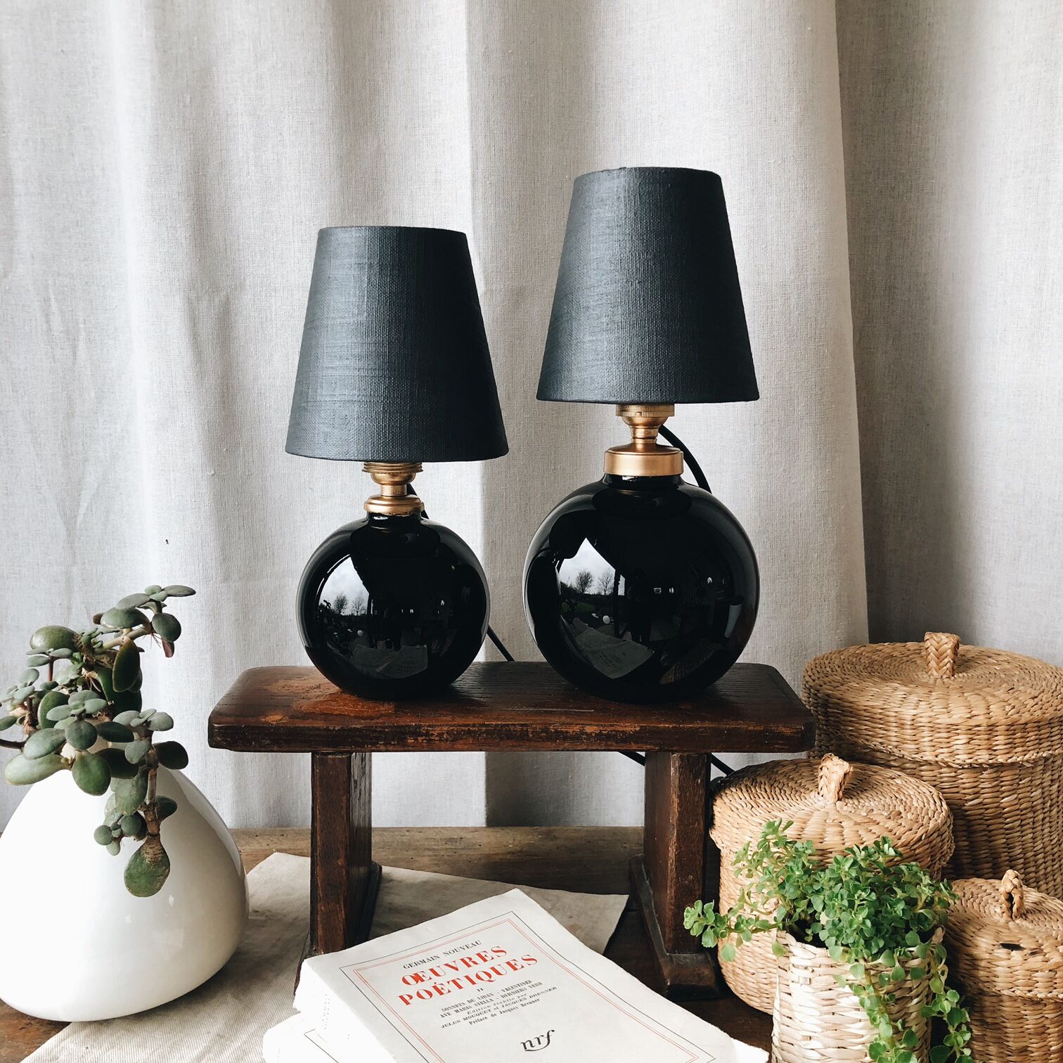 Duo of lamps in black opaline art deco