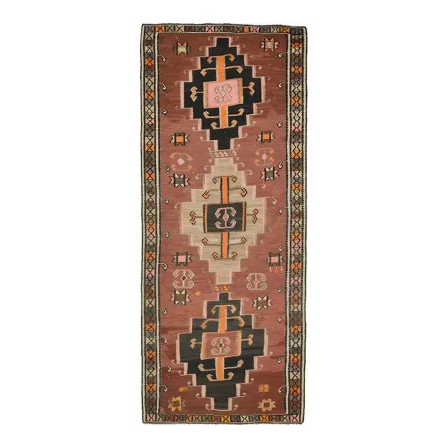 Vintage Turkish Oushak handmade wool cotton brown runner rug 137X338