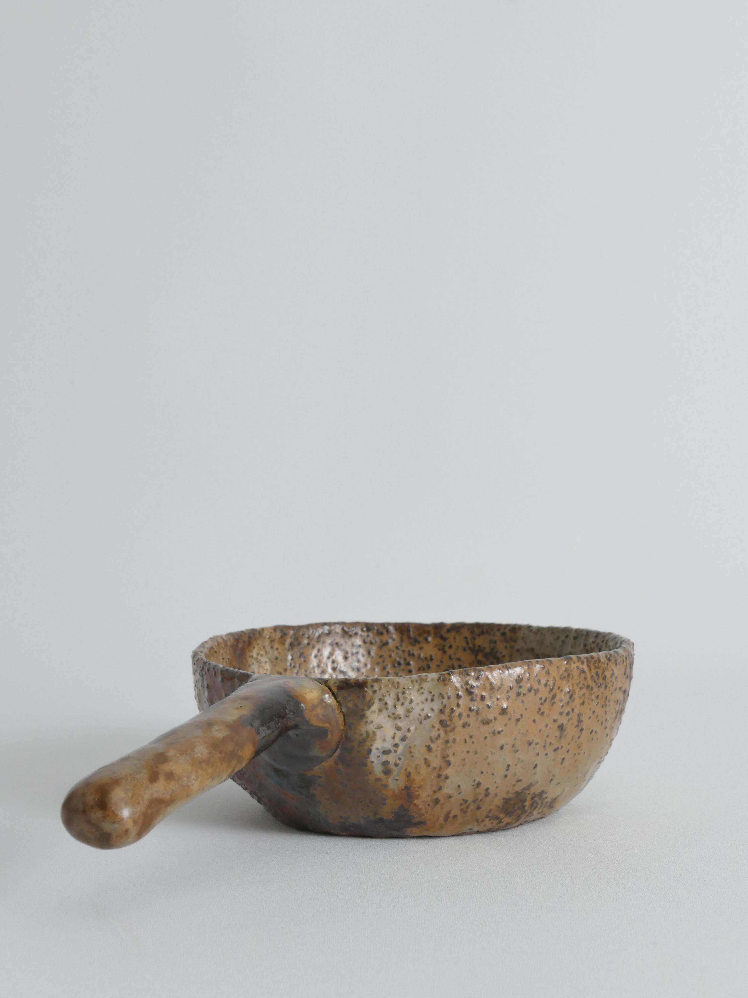 Textured Stoneware Bowl with Sculptural Handle, Handmade Studio Ceramic
