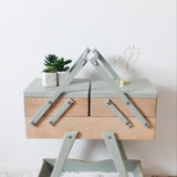 Travailleuse en bois relookée boite à couture porte-plantes , vintage , années 50, pieds compas