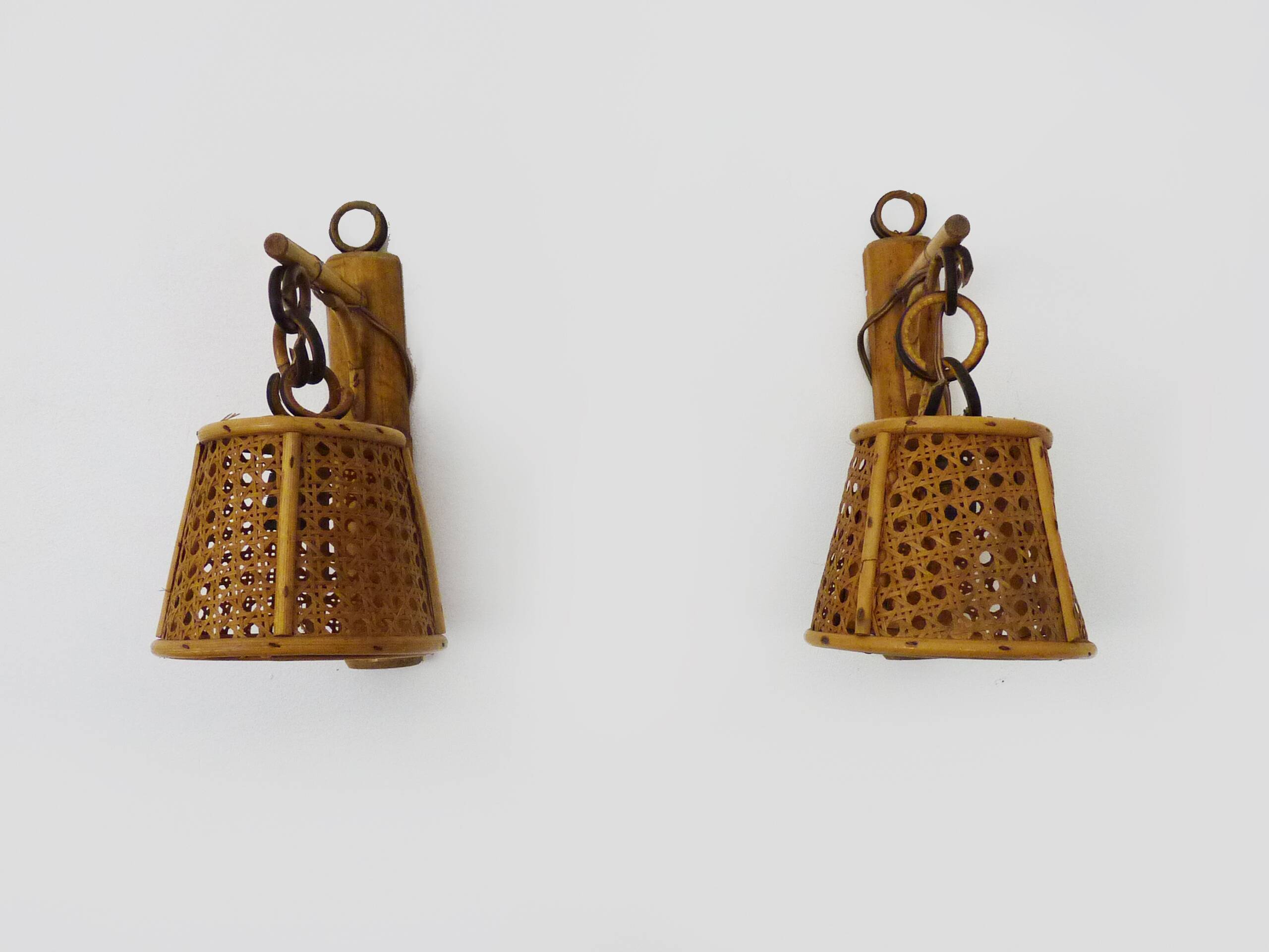 Pair of rattan and cane lantern wall lights. 1950s-60s