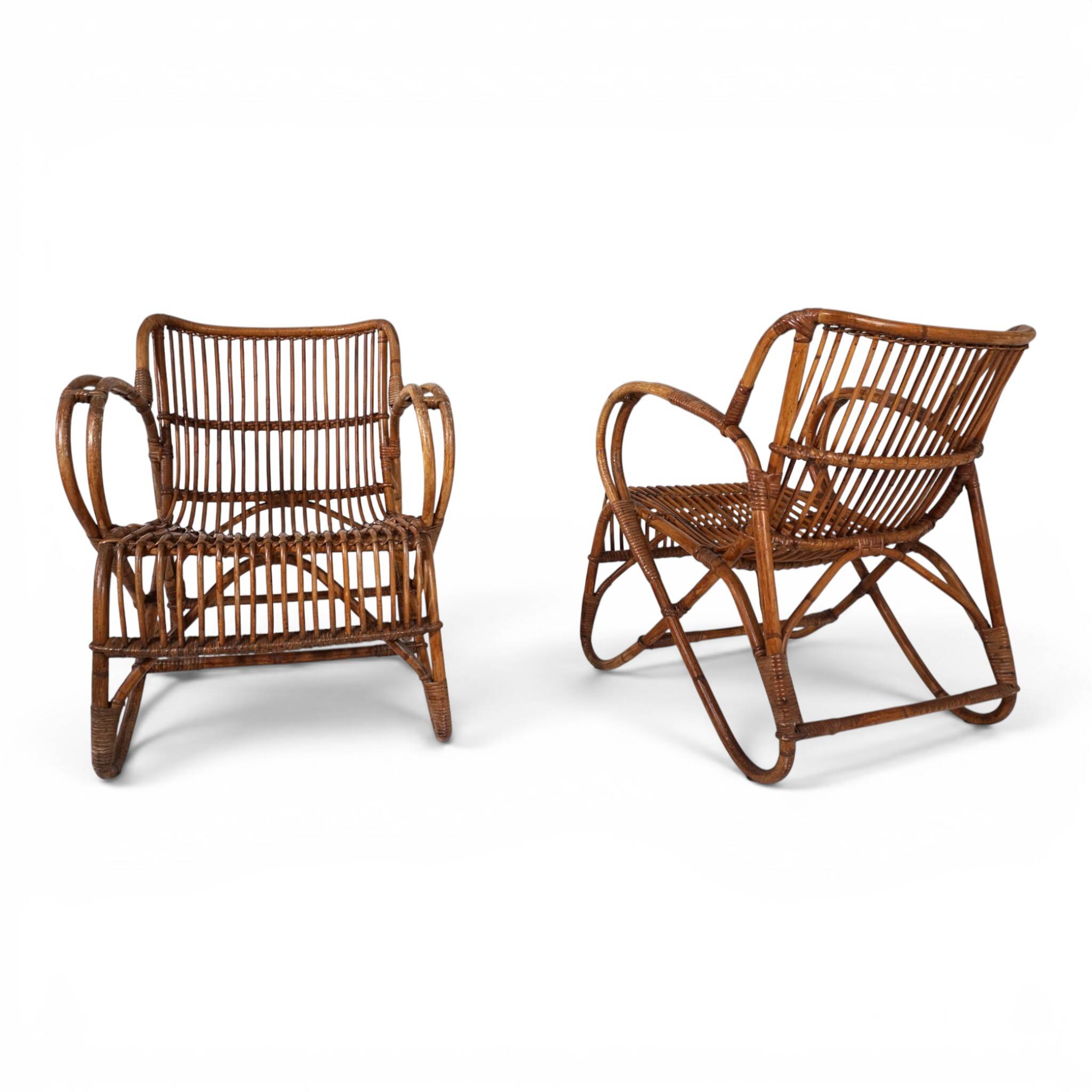 French Pair Vintage Rattan Bamboo Lounge Chairs, 1960