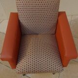 Retro vintage rockabilly armchair in orange faux leather and vintage fabrics