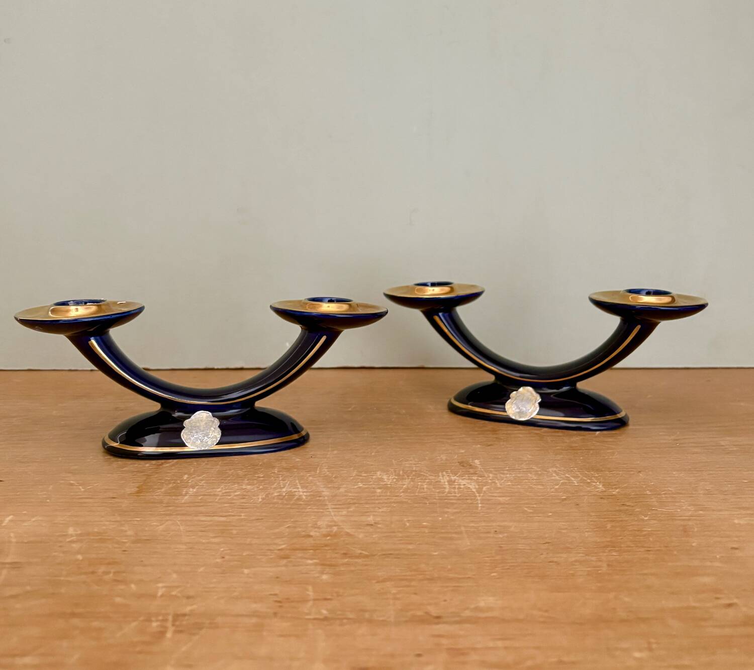 Set of 2 vintage blue and gold ceramic candle holders