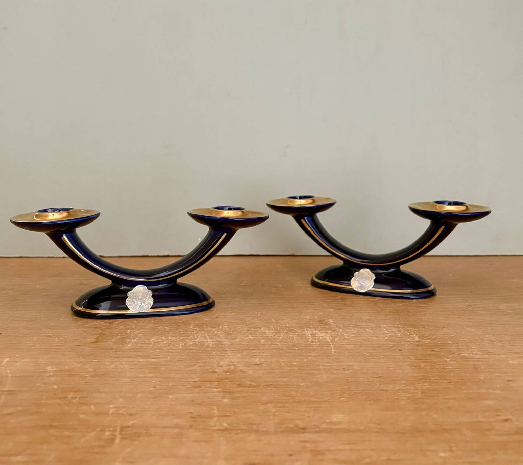 Set of 2 vintage blue and gold ceramic candle holders