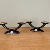 Set of 2 vintage blue and gold ceramic candle holders