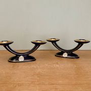 Set of 2 vintage blue and gold ceramic candle holders