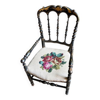 Napoleon III child's armchair in black and gold wood and floral embroidered cotton