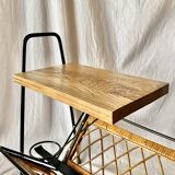Vintage magazine rack in black metal, wood and rattan with ceramic ashtray