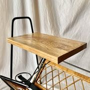 Vintage magazine rack in black metal, wood and rattan with ceramic ashtray