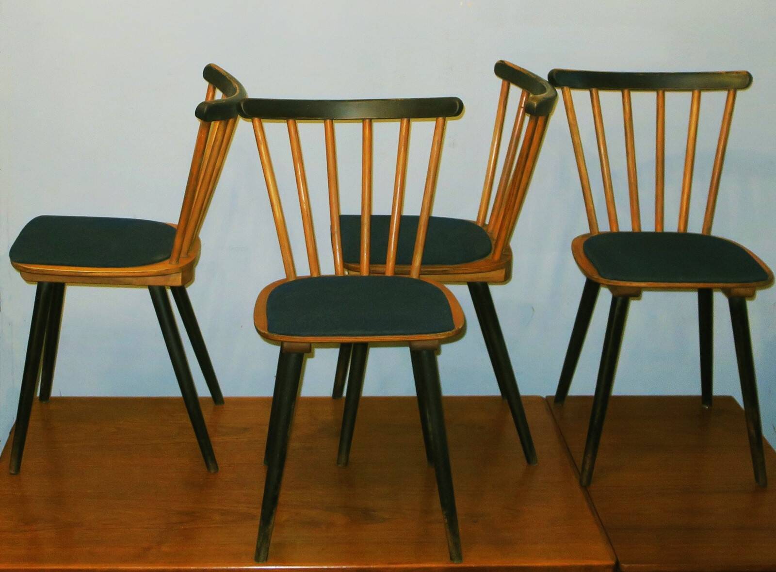 Set of 4  dining chairs splayed legs and petrol blue-green covers, 1960s