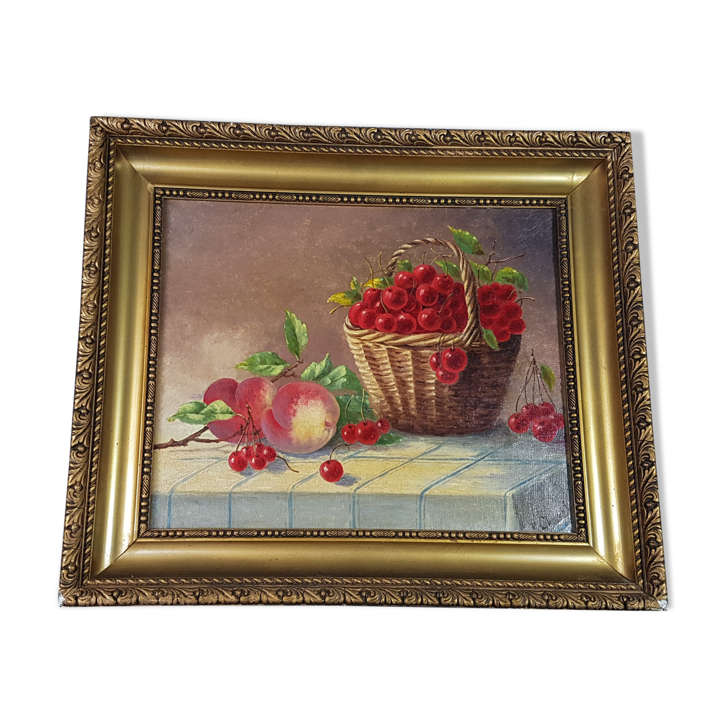 Ancient still life with cherries - peaches Oil on canvas 59x50 cm