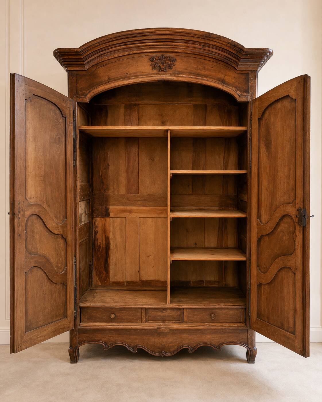 Dauphinoise wardrobe in Louis XV style in walnut, storage sideboard H:2.20m