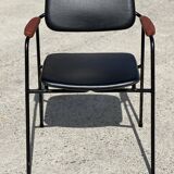 Vintage 1950s metal, oak and faux leather armchair