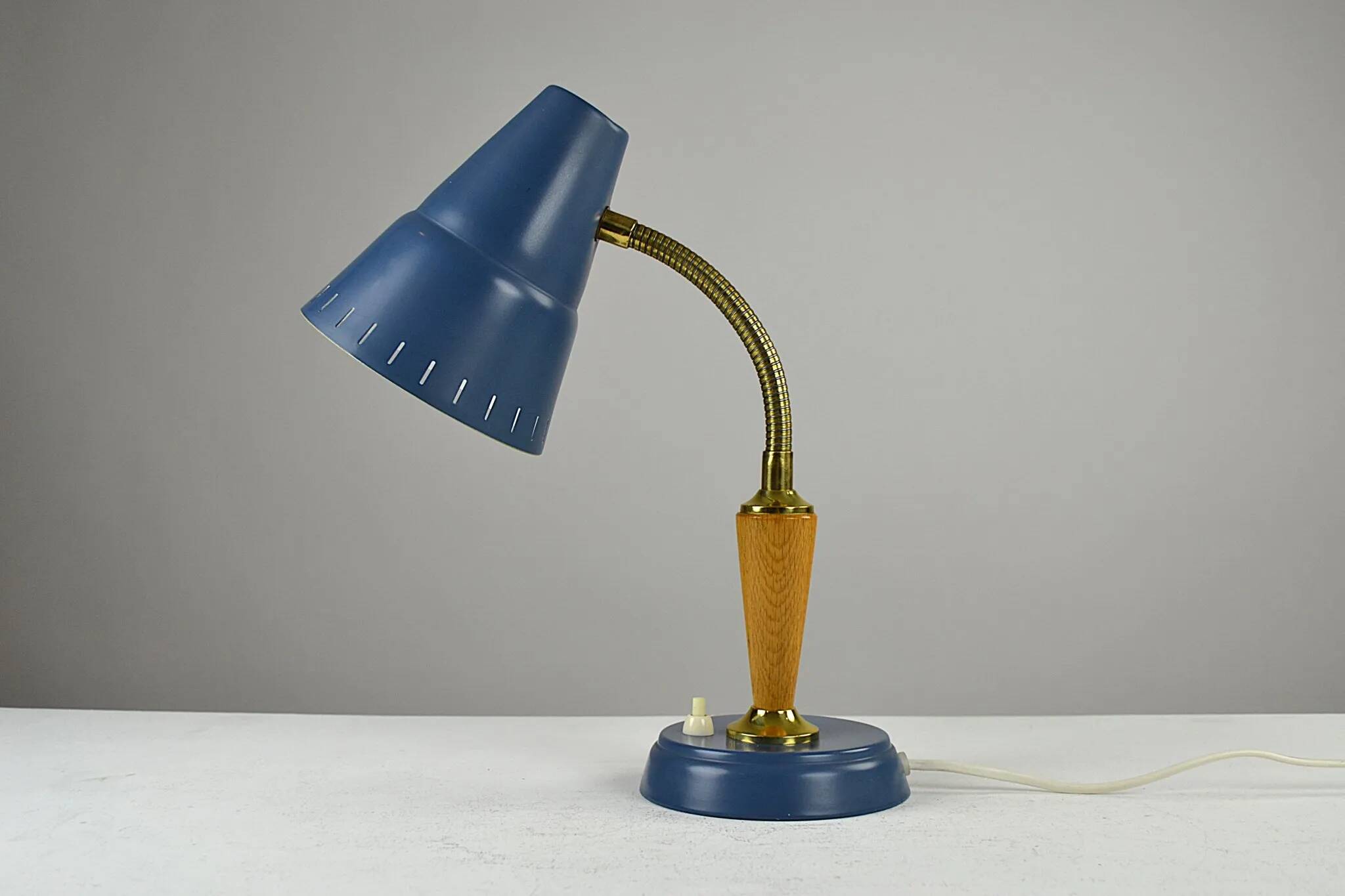 Blue Metal, Brass & Teak Table or Desk Lamp by Ringus, Sweden, 1950s