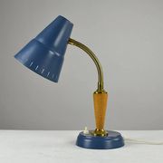Blue Metal, Brass & Teak Table or Desk Lamp by Ringus, Sweden, 1950s