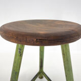 Vintage industrial steel & wood tripod stool, 1950's